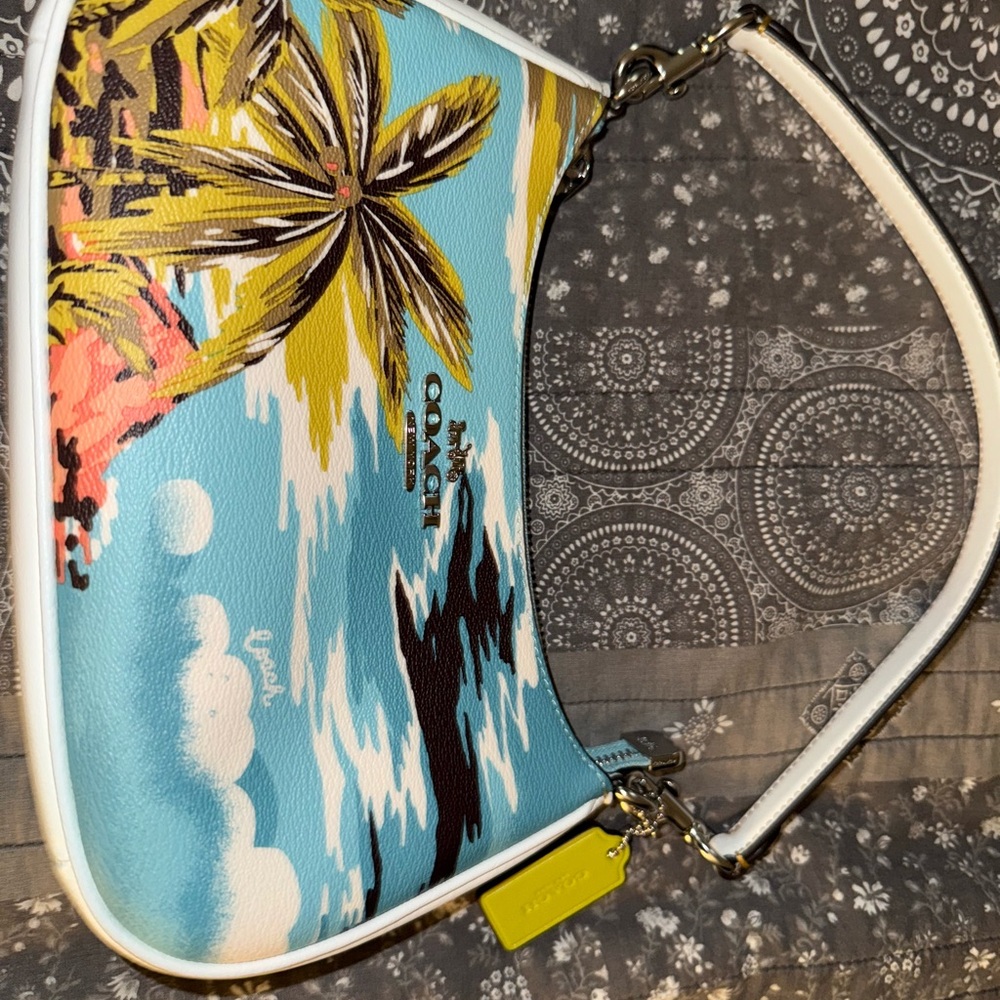 Coach Blue and White Shoulder Bag with Tropical Design